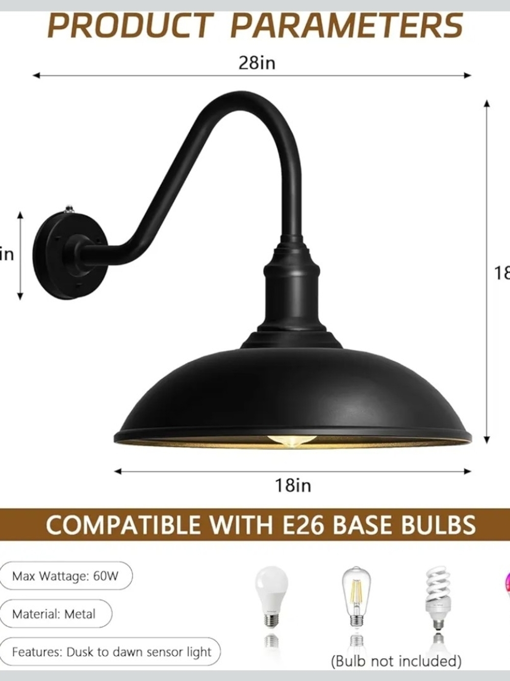 18" Dusk to Dawn Outdoor Gooseneck Barn Light E26 Farmhouse Wall Fixture - Picture 2 of 5
